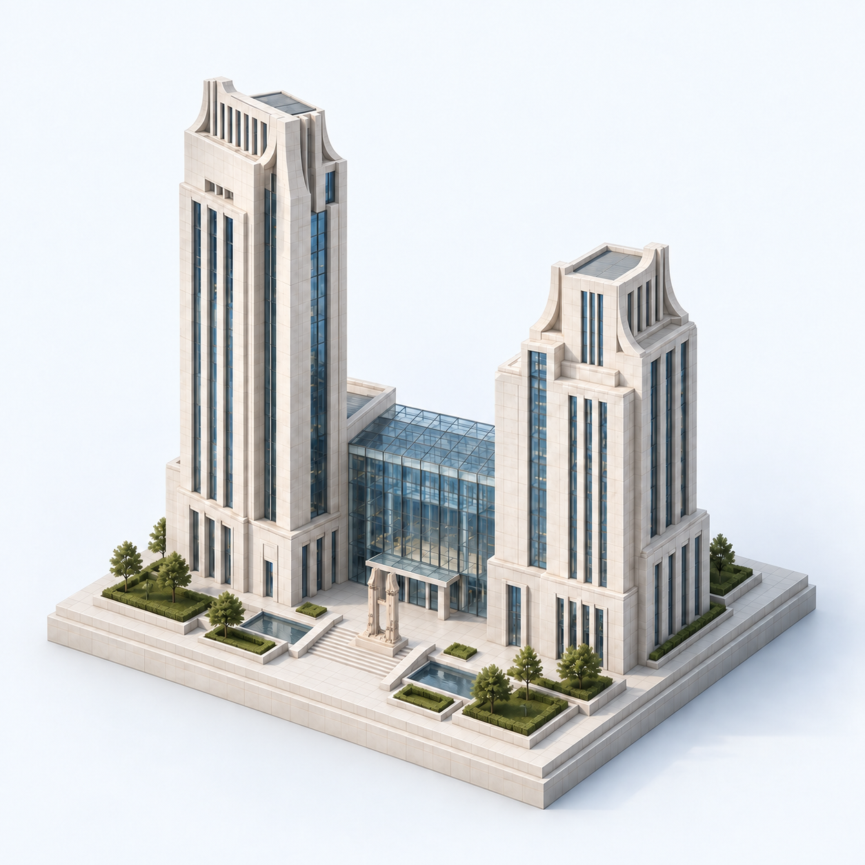 Isometric white stone bank with curved rooftop accents, a blue glass atrium and a twin-tower memorial on the entrance stairs